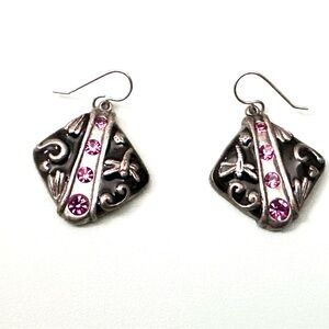 Chic Silver and Black Earrings with Pink Rhinestones and Dragonflies